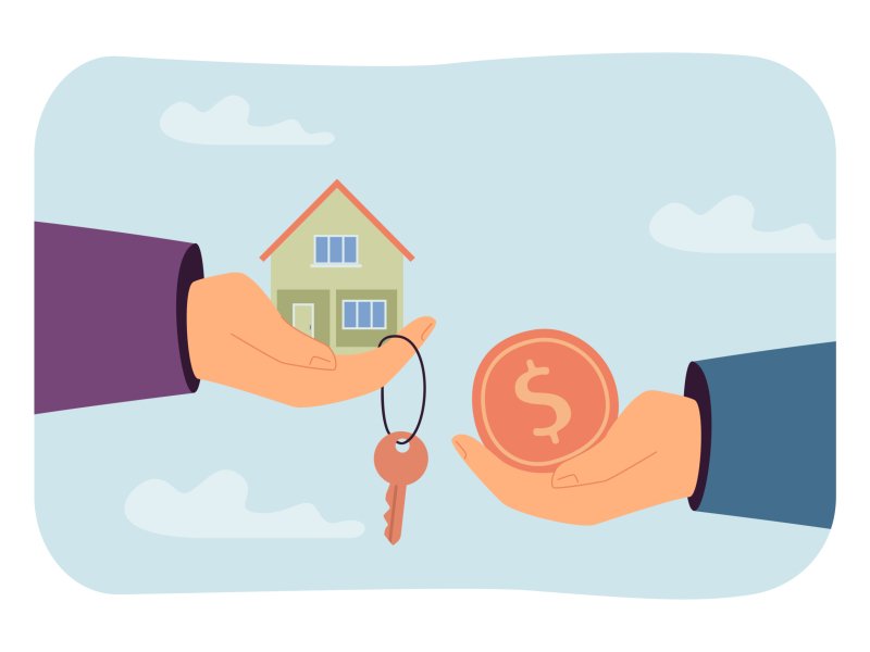 Person buying house. Two hands exchanging coin on house and keys. Purchase, real estate concept for banner, website design or landing web page